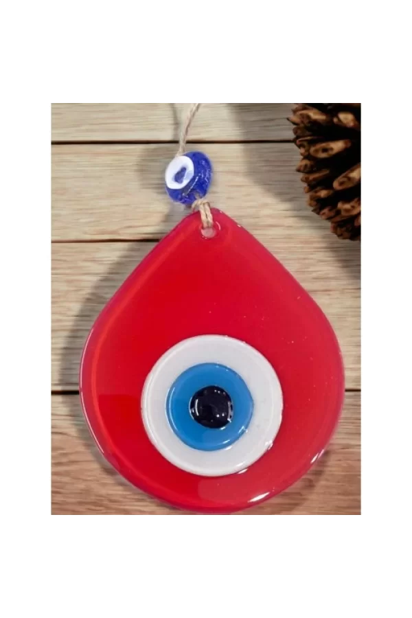 Orta Boy Kırmızı Damla Desen Nazar Boncuklu Duvar Dekoru Cam Duvar Süsü