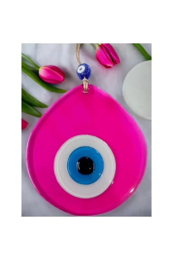 Orta Boy Şeffaf Pembe Damla Desen Nazar Boncuklu Duvar Dekoru Cam Duvar Süsü