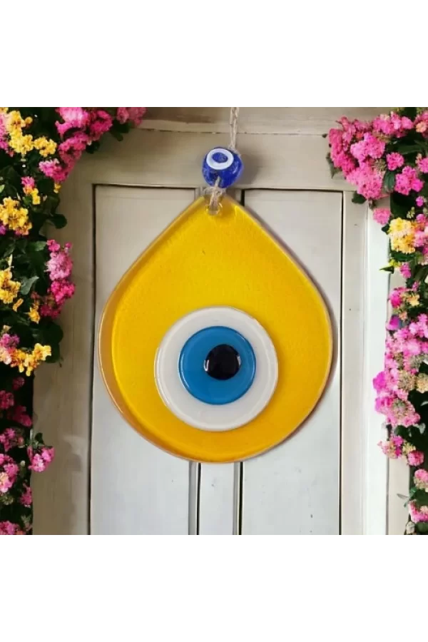 Orta Boy Şeffaf Sarı Damla Desen Nazar Boncuklu Duvar Dekoru Cam Duvar Süsü