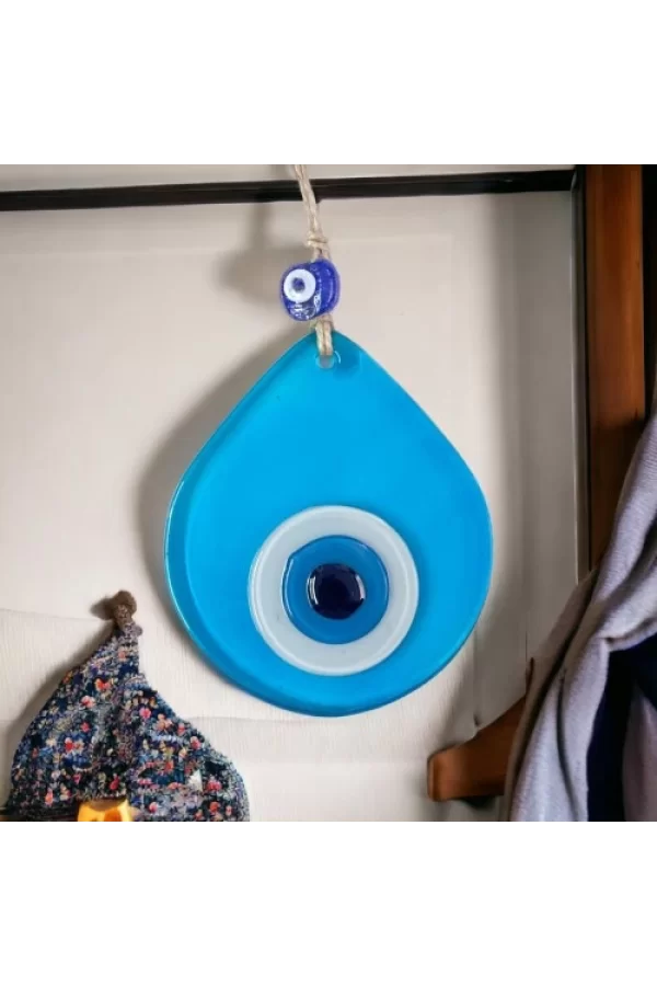 Orta Boy Şeffaf Turkuaz Damla Desen Nazar Boncuklu Duvar Dekoru Cam Duvar Süsü