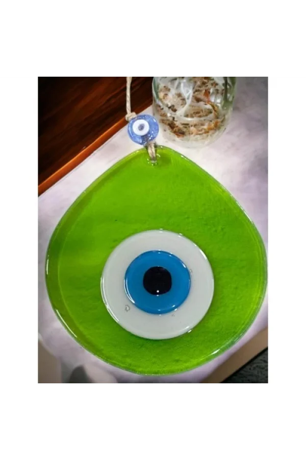 Orta Boy Şeffaf Yeşil Damla Desen Nazar Boncuklu Duvar Dekoru Cam Duvar Süsü