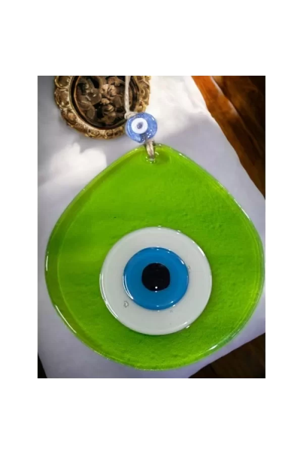 Orta Boy Şeffaf Yeşil Damla Desen Nazar Boncuklu Duvar Dekoru Cam Duvar Süsü