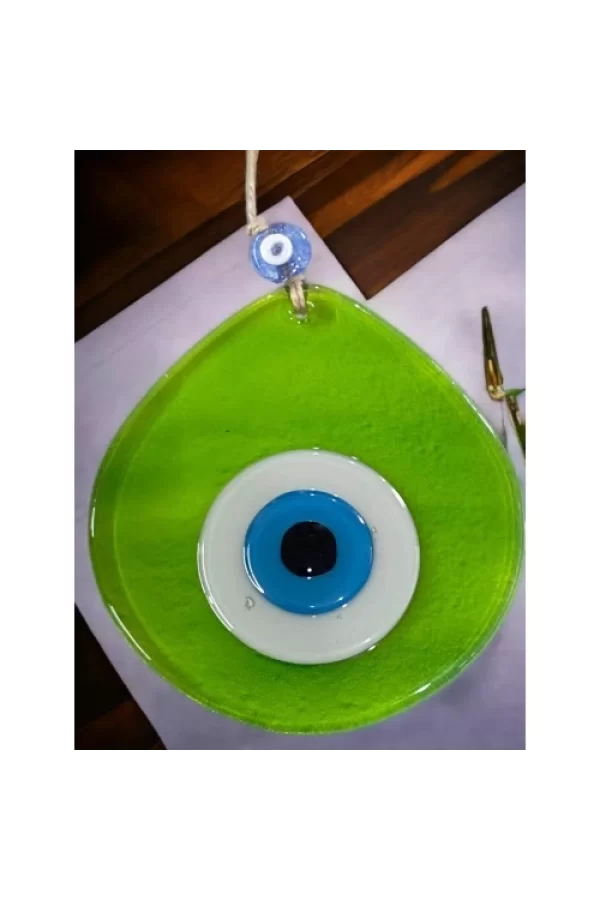 Orta Boy Şeffaf Yeşil Damla Desen Nazar Boncuklu Duvar Dekoru Cam Duvar Süsü
