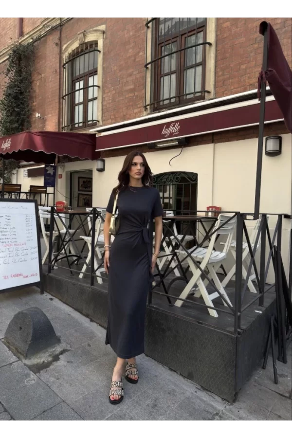 Osy Modal Yumuşak Dokulu Kumaş Bisiklet Yaka Kısa Kollu Kuşaklı Uzun Elbise - Füme