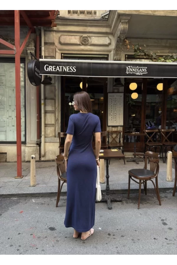 Osy Modal Yumuşak Dokulu Kumaş Bisiklet Yaka Kısa Kollu Kuşaklı Uzun Elbise - Mavi