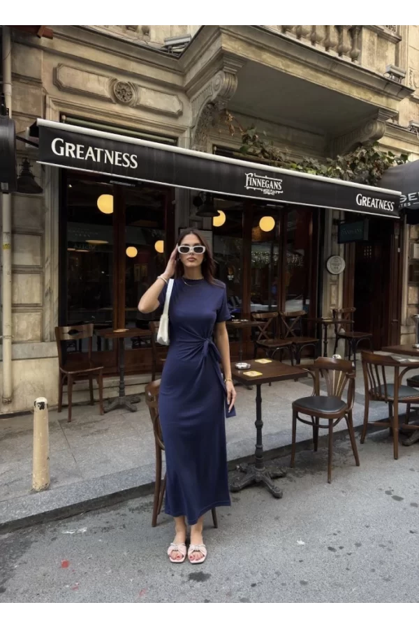 Osy Modal Yumuşak Dokulu Kumaş Bisiklet Yaka Kısa Kollu Kuşaklı Uzun Elbise - Mavi