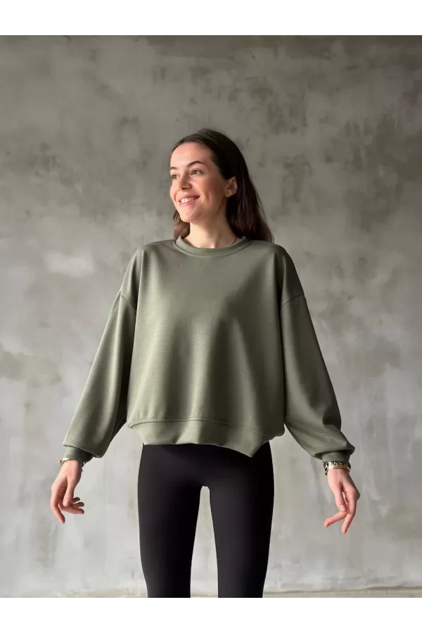 Luz&Pos Osy Modal Yumuşak Dokulu Kumaş Bisiklet Yaka Oversize Sweatshirt - Haki
