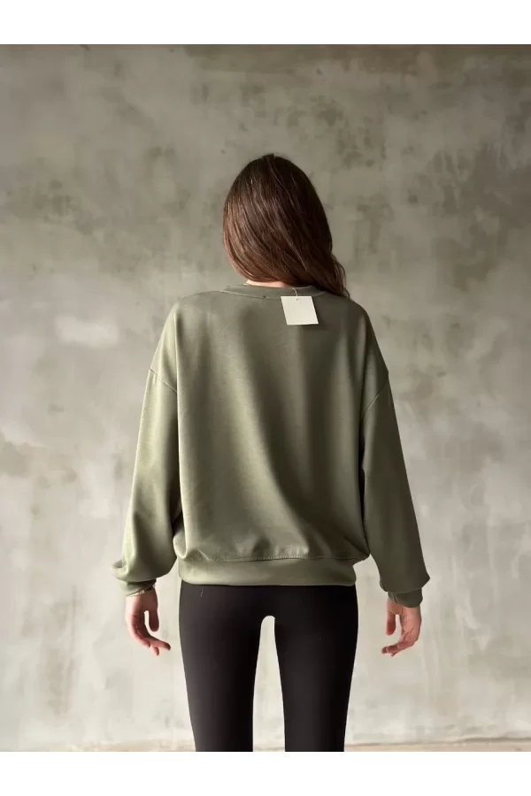 Luz&Pos Osy Modal Yumuşak Dokulu Kumaş Bisiklet Yaka Oversize Sweatshirt - Haki