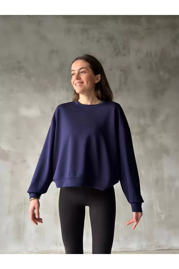 Luz&Pos Osy Modal Yumuşak Dokulu Kumaş Bisiklet Yaka Oversize Sweatshirt - Lacivert
