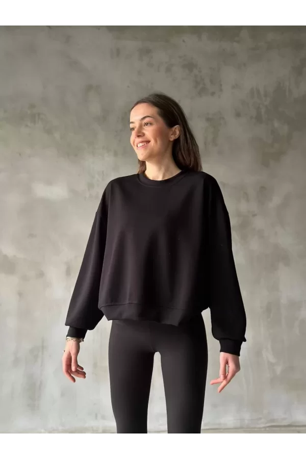 Luz&Pos Osy Modal Yumuşak Dokulu Kumaş Bisiklet Yaka Oversize Sweatshirt - Siyah