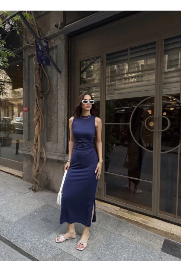 Osy Modal Yumuşak Dokulu Kumaş Bisiklet Yaka Sıfır Kolsuz Yırtmaçlı Uzun Elbise - Mavi