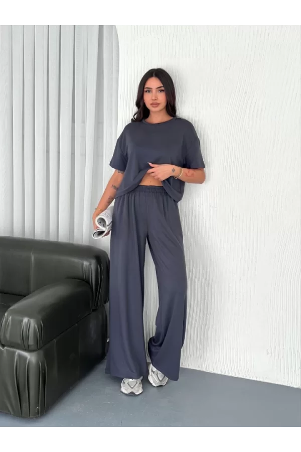 Osy Modal Yumuşak Dokulu Kumaş Bisiklet Yaka T-shirt Bol Paça Pantalon Ikili Takım -Antrasit