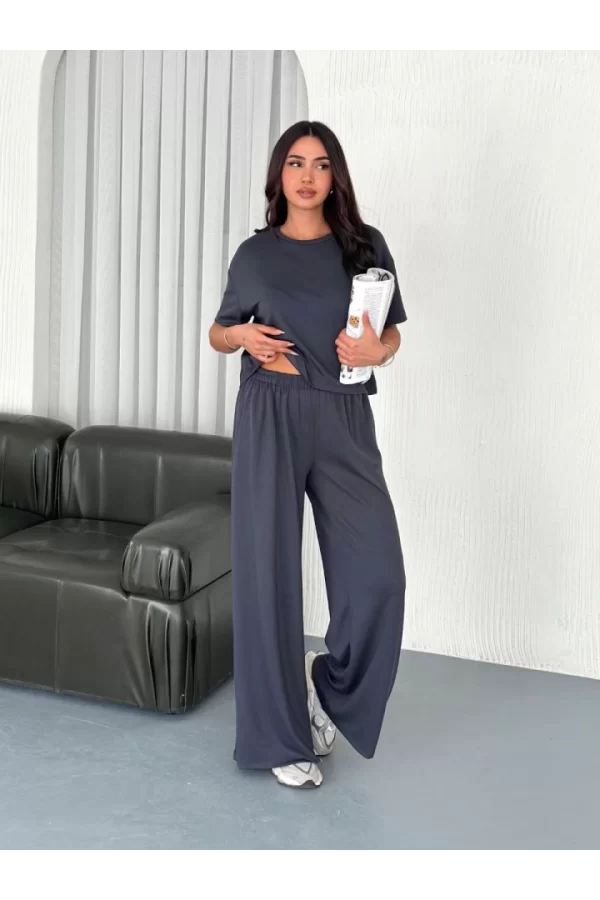 Osy Modal Yumuşak Dokulu Kumaş Bisiklet Yaka T-shirt Bol Paça Pantalon Ikili Takım -Antrasit