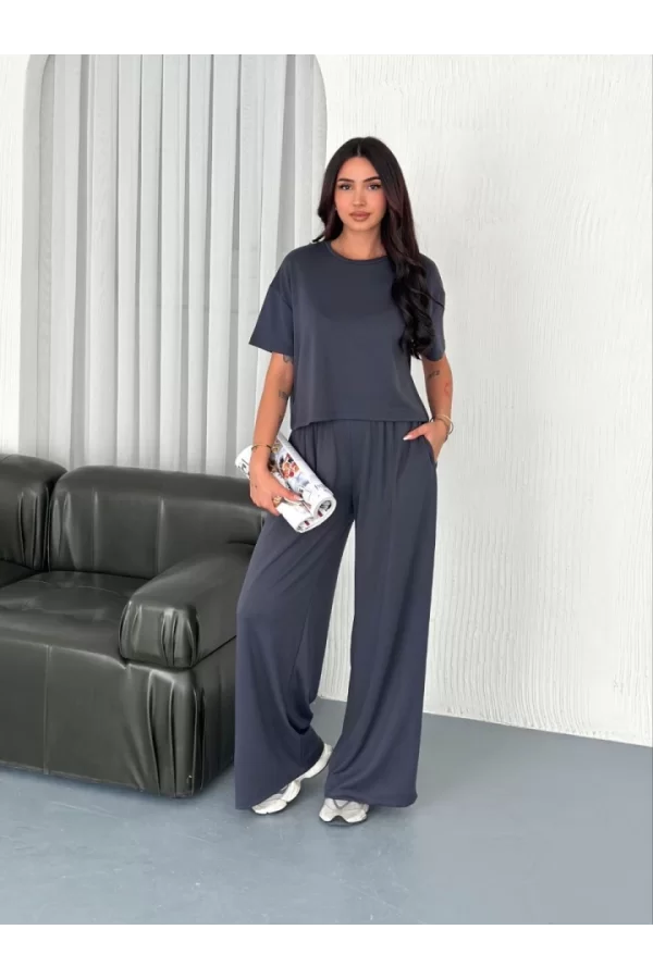 Osy Modal Yumuşak Dokulu Kumaş Bisiklet Yaka T-shirt Bol Paça Pantalon Ikili Takım -Antrasit