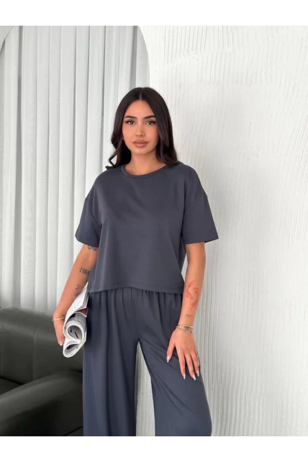 Osy Modal Yumuşak Dokulu Kumaş Bisiklet Yaka T-shirt Bol Paça Pantalon Ikili Takım -Antrasit