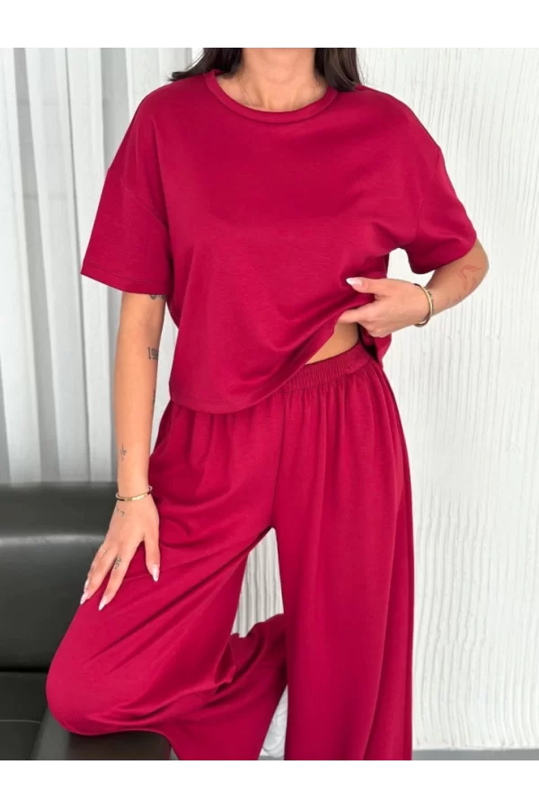 Osy Modal Yumuşak Dokulu Kumaş Bisiklet Yaka T-shirt Bol Paça Pantalon Ikili Takım -Bordo