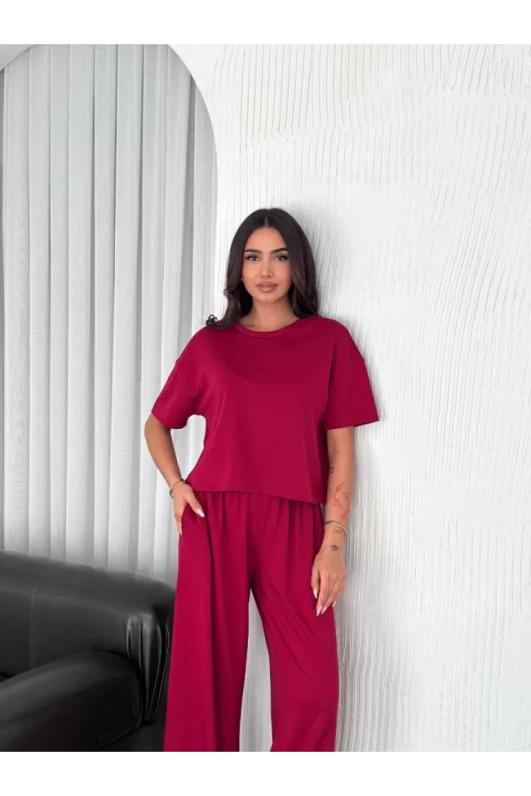 Osy Modal Yumuşak Dokulu Kumaş Bisiklet Yaka T-shirt Bol Paça Pantalon Ikili Takım -Bordo