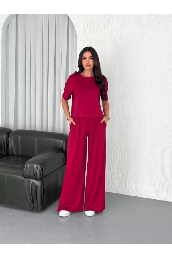 Osy Modal Yumuşak Dokulu Kumaş Bisiklet Yaka T-shirt Bol Paça Pantalon Ikili Takım -Bordo