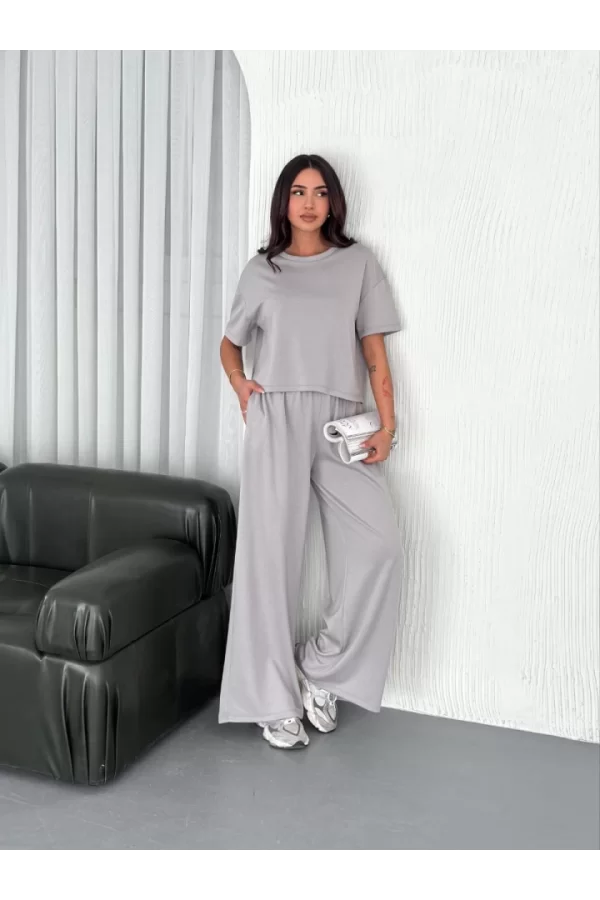 Osy Modal Yumuşak Dokulu Kumaş Bisiklet Yaka T-shirt  Bol Paça Pantalon Ikili Takım - Boyalı Gri