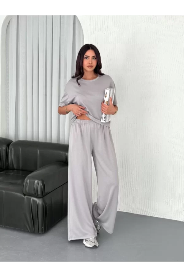 Osy Modal Yumuşak Dokulu Kumaş Bisiklet Yaka T-shirt  Bol Paça Pantalon Ikili Takım - Boyalı Gri