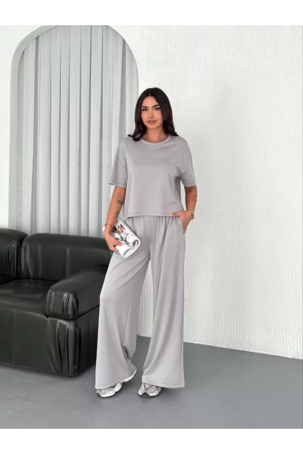 Osy Modal Yumuşak Dokulu Kumaş Bisiklet Yaka T-shirt  Bol Paça Pantalon Ikili Takım - Boyalı Gri