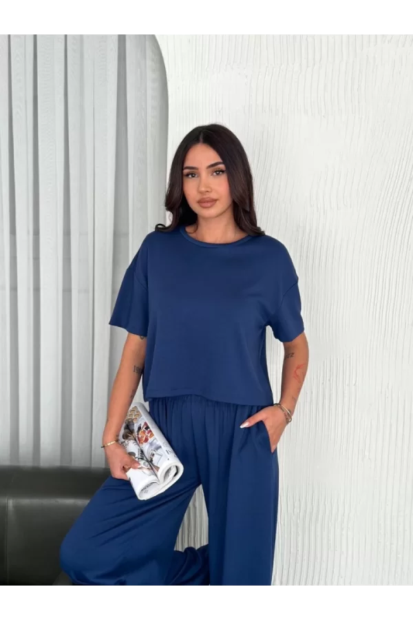 Osy Modal Yumuşak Dokulu Kumaş Bisiklet Yaka T-shirt Bol Paça Pantalon Ikili Takım -Saks Mavi