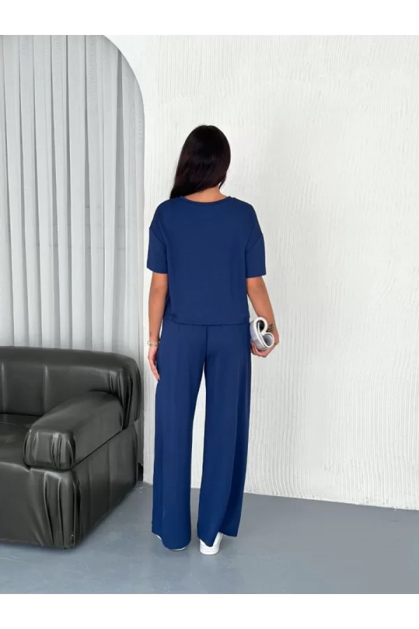 Osy Modal Yumuşak Dokulu Kumaş Bisiklet Yaka T-shirt Bol Paça Pantalon Ikili Takım -Saks Mavi