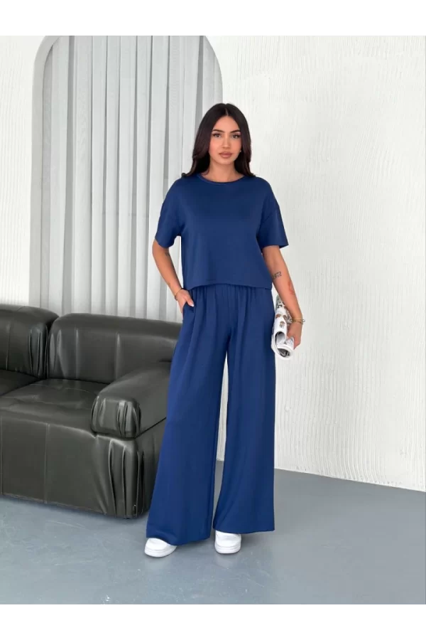 Osy Modal Yumuşak Dokulu Kumaş Bisiklet Yaka T-shirt Bol Paça Pantalon Ikili Takım -Saks Mavi