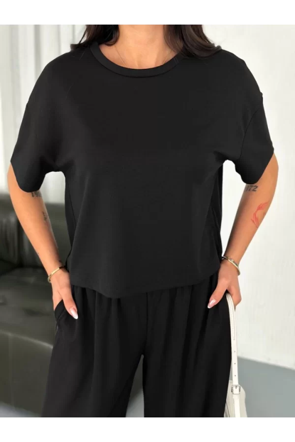 Osy Modal Yumuşak Dokulu Kumaş Bisiklet Yaka T-shirt Bol Paça Pantalon Ikili Takım -Siyah