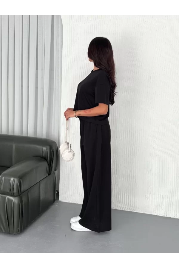 Osy Modal Yumuşak Dokulu Kumaş Bisiklet Yaka T-shirt Bol Paça Pantalon Ikili Takım -Siyah