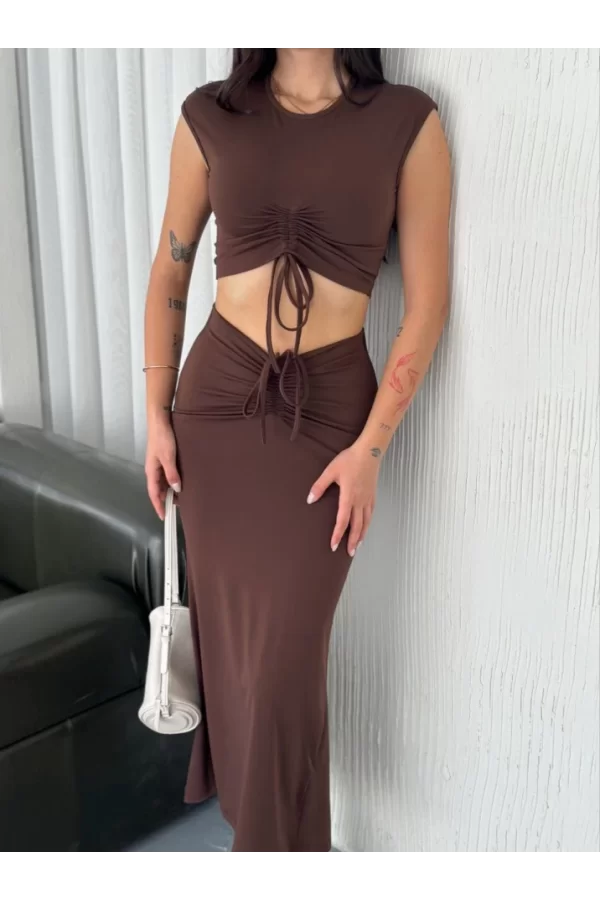 Osy Modal Yumuşak Dokulu Kumaş Büzgülü Crop Etek Takım -Kahverengi