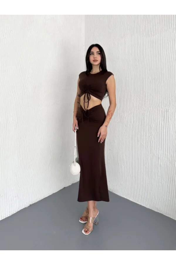 Osy Modal Yumuşak Dokulu Kumaş Büzgülü Crop Etek Takım -Kahverengi