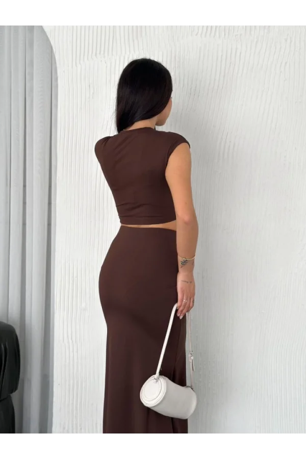 Osy Modal Yumuşak Dokulu Kumaş Büzgülü Crop Etek Takım -Kahverengi