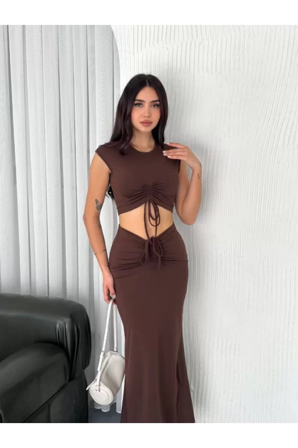 Osy Modal Yumuşak Dokulu Kumaş Büzgülü Crop Etek Takım -Kahverengi