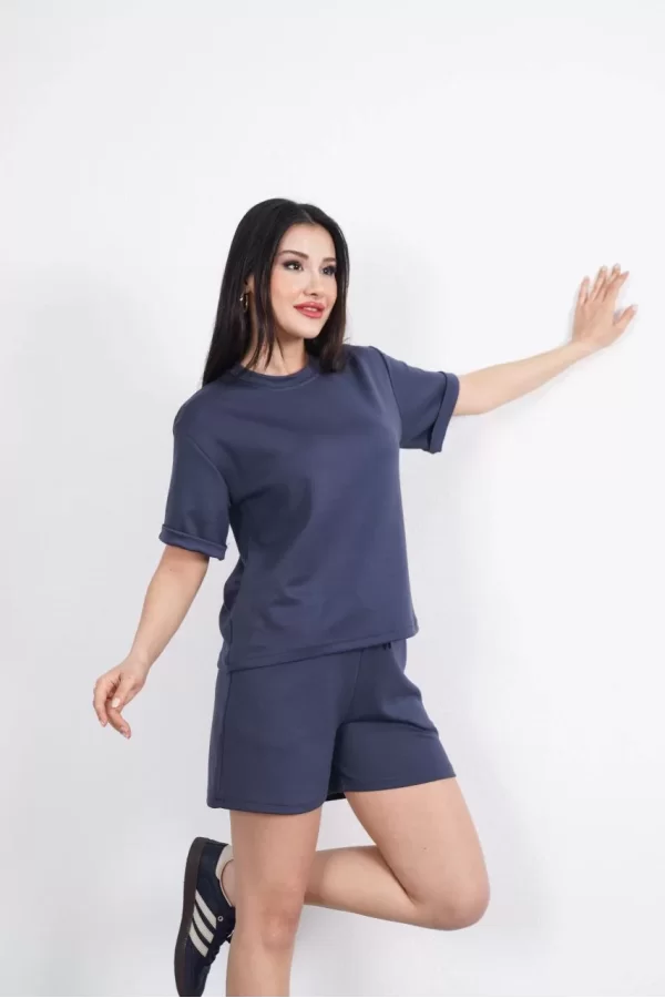 Luz&Pos Osy Modal Yumuşak Dokulu Kumaş Kadın Bisiklet Yaka T-shirt Kısa Şort İkili Takım - Antrasit