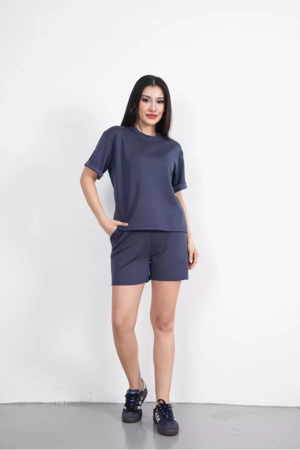 Luz&Pos Osy Modal Yumuşak Dokulu Kumaş Kadın Bisiklet Yaka T-shirt Kısa Şort İkili Takım - Antrasit