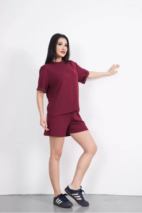 Luz&Pos Osy Modal Yumuşak Dokulu Kumaş Kadın Bisiklet Yaka T-shirt Kısa Şort İkili Takım - Bordo