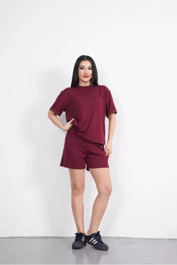 Luz&Pos Osy Modal Yumuşak Dokulu Kumaş Kadın Bisiklet Yaka T-shirt Kısa Şort İkili Takım - Bordo