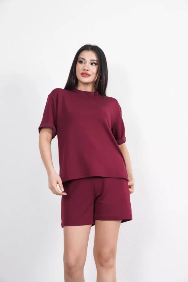Luz&Pos Osy Modal Yumuşak Dokulu Kumaş Kadın Bisiklet Yaka T-shirt Kısa Şort İkili Takım - Bordo