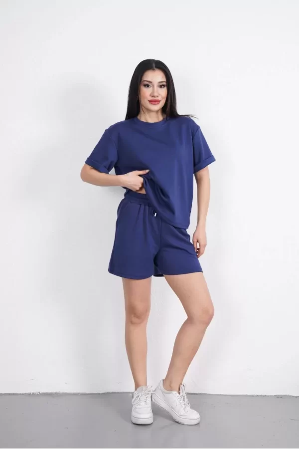 Luz&Pos Osy Modal Yumuşak Dokulu Kumaş Kadın Bisiklet Yaka T-shirt Kısa Şort İkili Takım - Mavi
