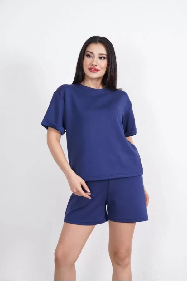 Luz&Pos Osy Modal Yumuşak Dokulu Kumaş Kadın Bisiklet Yaka T-shirt Kısa Şort İkili Takım - Mavi