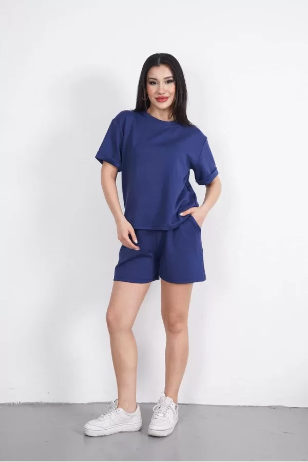 Luz&Pos Osy Modal Yumuşak Dokulu Kumaş Kadın Bisiklet Yaka T-shirt Kısa Şort İkili Takım - Mavi