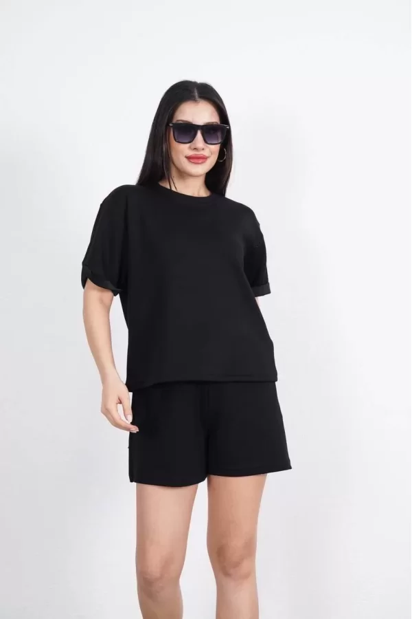 Luz&Pos Osy Modal Yumuşak Dokulu Kumaş Kadın Bisiklet Yaka T-shirt Kısa Şort İkili Takım - Siyah