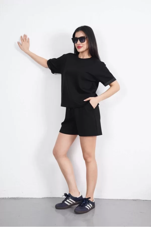 Luz&Pos Osy Modal Yumuşak Dokulu Kumaş Kadın Bisiklet Yaka T-shirt Kısa Şort İkili Takım - Siyah