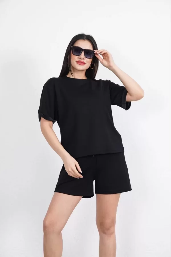 Luz&Pos Osy Modal Yumuşak Dokulu Kumaş Kadın Bisiklet Yaka T-shirt Kısa Şort İkili Takım - Siyah