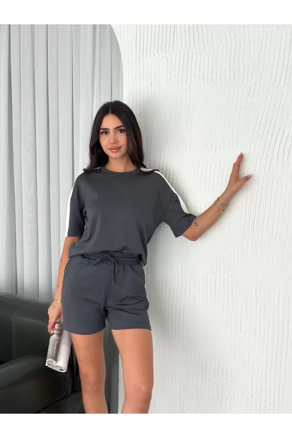 Luz&Pos Osy Modal Yumuşak Dokulu Kumaş Kadın Parçalı Bisiklet Yaka T-shirt Kısa Şort İkili Takım - Antrasit