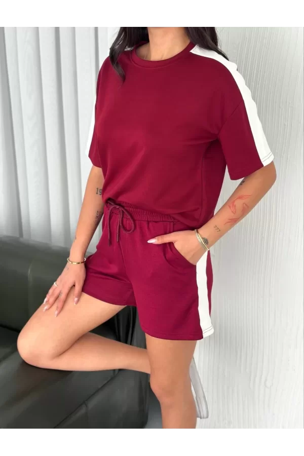 Luz&Pos Osy Modal Yumuşak Dokulu Kumaş Kadın Parçalı Bisiklet Yaka T-shirt Kısa Şort İkili Takım -  Bordo