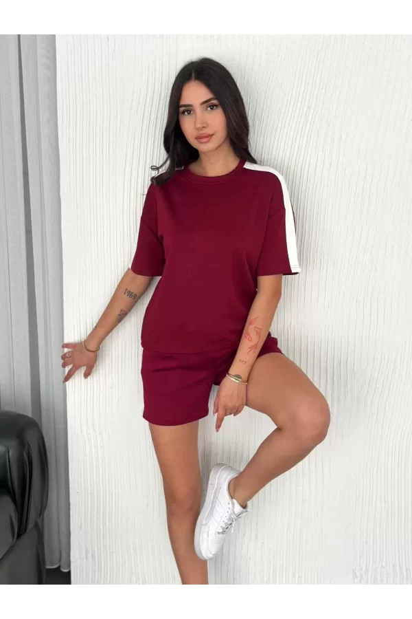 Luz&Pos Osy Modal Yumuşak Dokulu Kumaş Kadın Parçalı Bisiklet Yaka T-shirt Kısa Şort İkili Takım -  Bordo