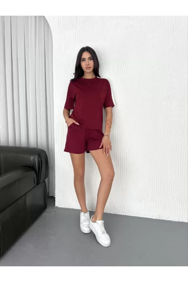 Luz&Pos Osy Modal Yumuşak Dokulu Kumaş Kadın Parçalı Bisiklet Yaka T-shirt Kısa Şort İkili Takım -  Bordo