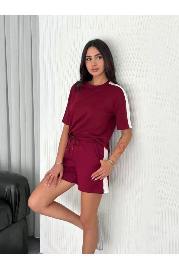Luz&Pos Osy Modal Yumuşak Dokulu Kumaş Kadın Parçalı Bisiklet Yaka T-shirt Kısa Şort İkili Takım -  Bordo